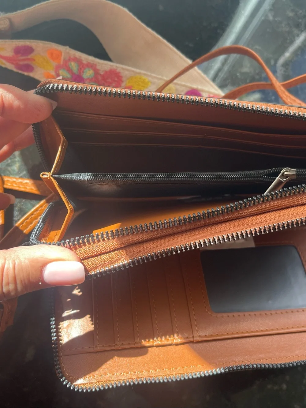 Tan Leather Crossbody Bag with Studded Front Panel and Colorful Strap